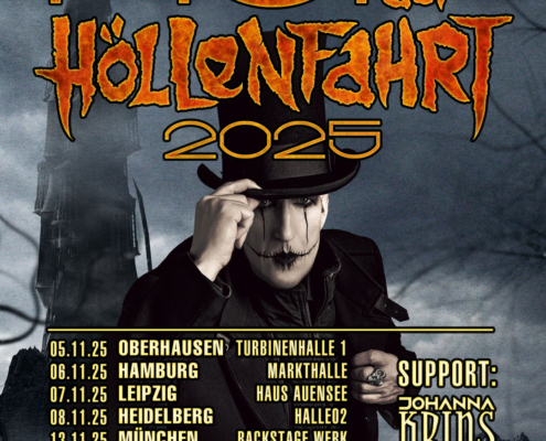 Das Plakat für die Höllenfahrt Tour 2025 von ASP mit allen Tourterminen. Groß angekündigt als Support: Johanna Krins