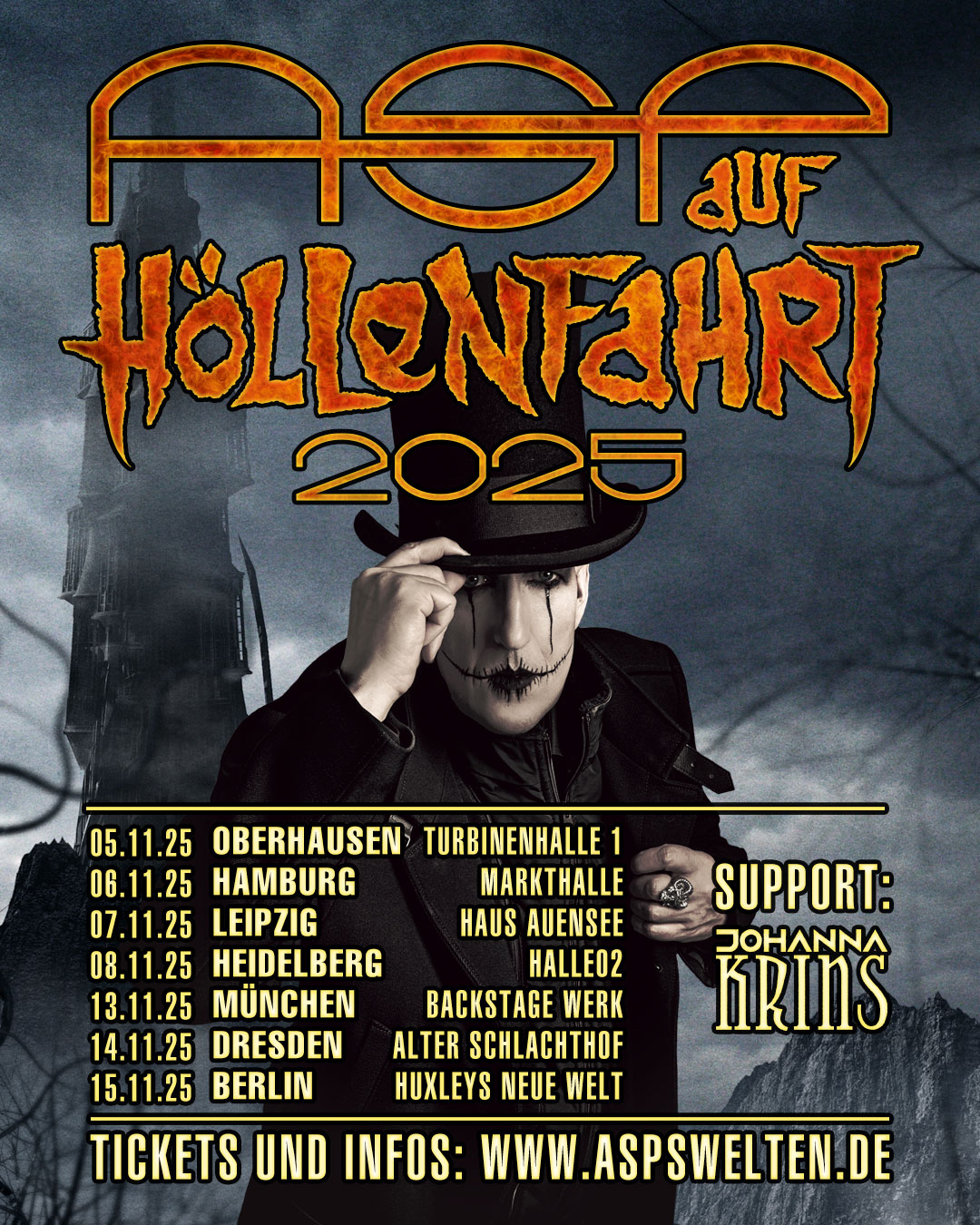 Das Plakat für die Höllenfahrt Tour 2025 von ASP mit allen Tourterminen. Groß angekündigt als Support: Johanna Krins